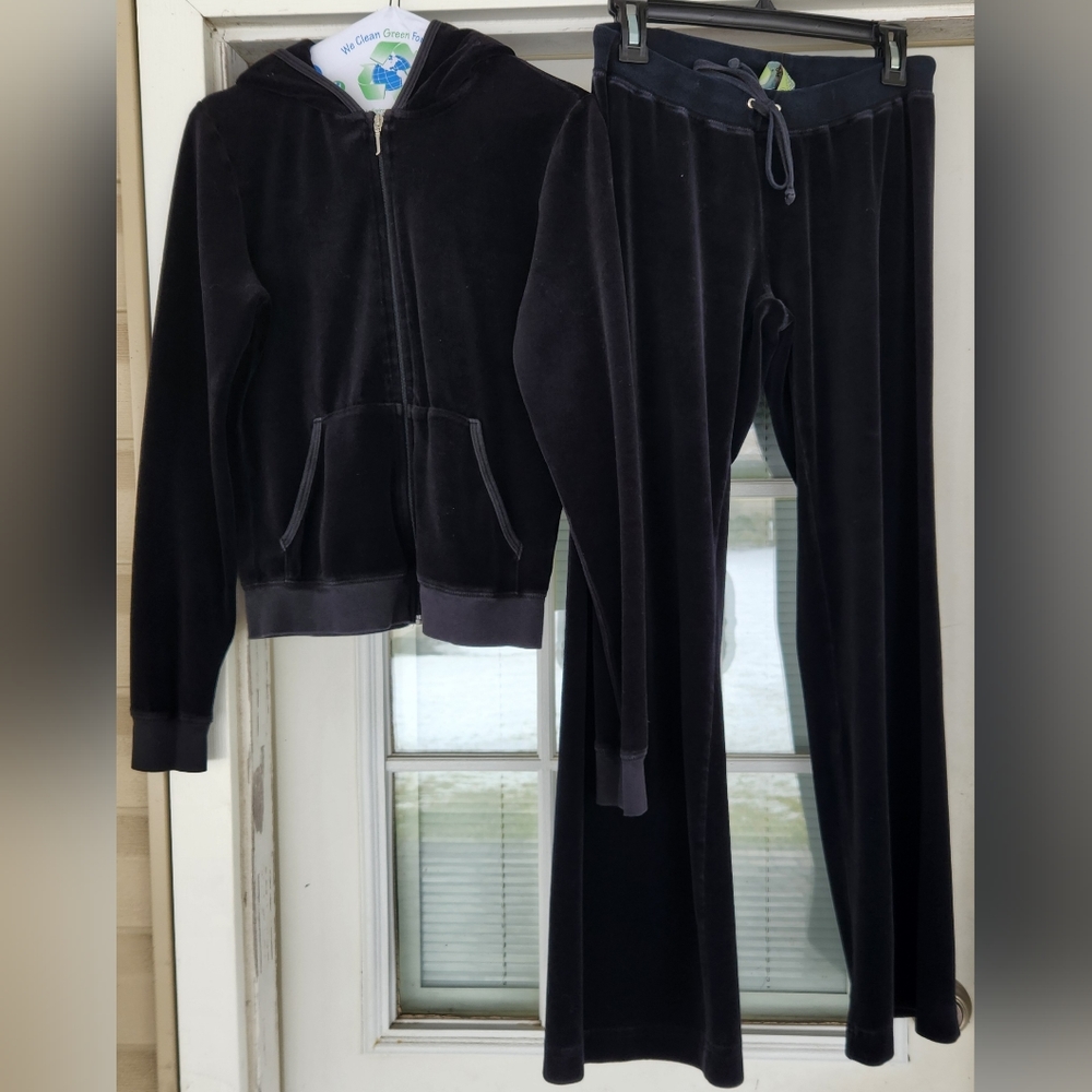 Vintage Large Y2K Juicy Couture Velour Tracksuit Black Hoodie (Full Zip) Pants